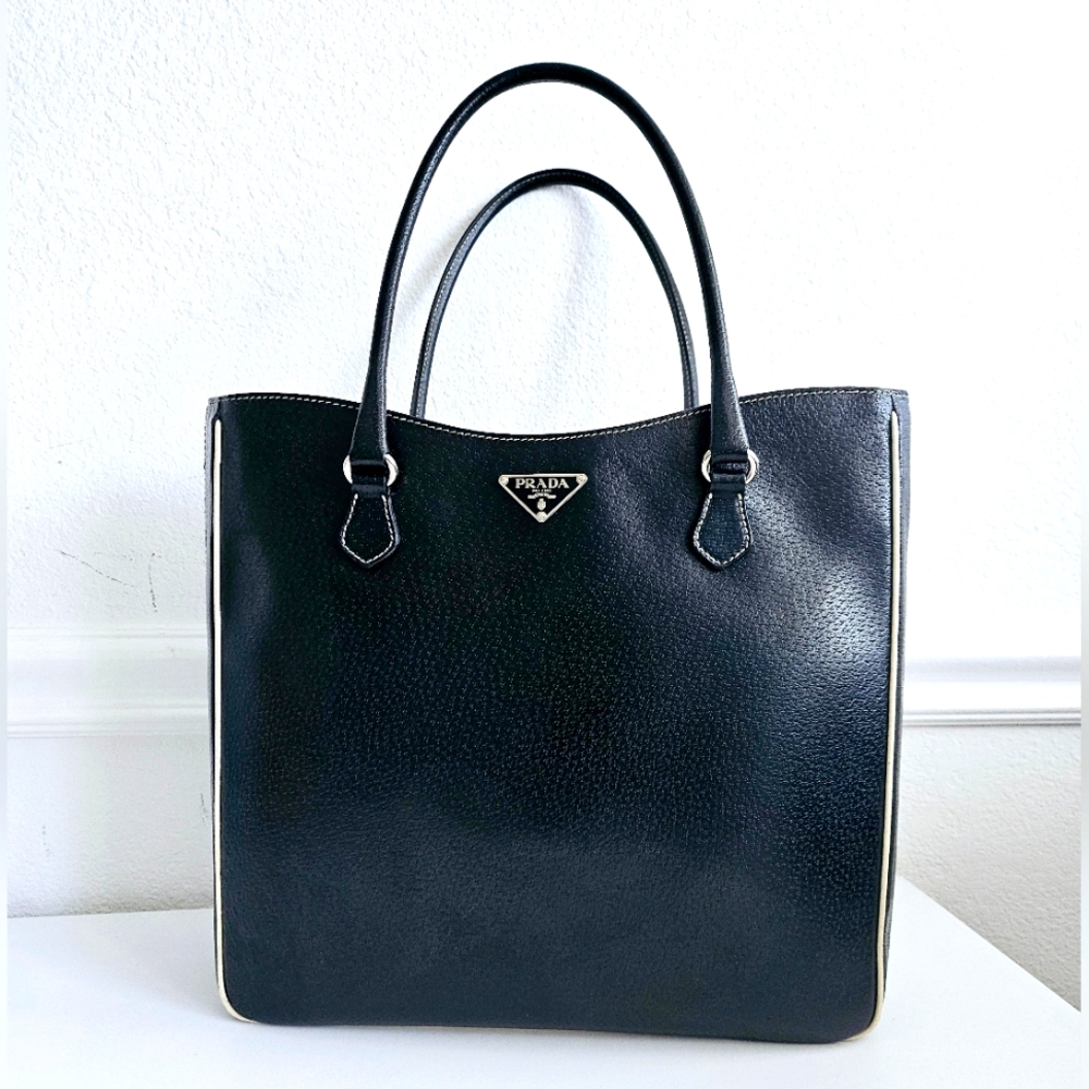 Prada Triangle Logo Black Leather Tote